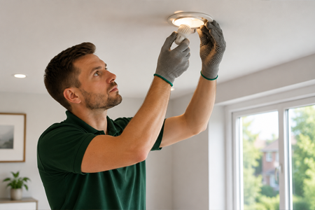 Worker replacing indoor lighting with energy efficient LED lighting.