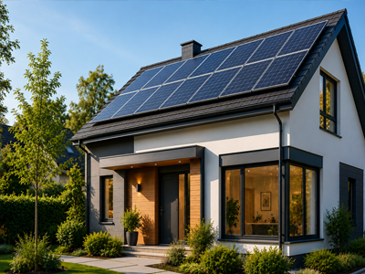 Modern energy efficient home with solar panels for EPC improvement planning.