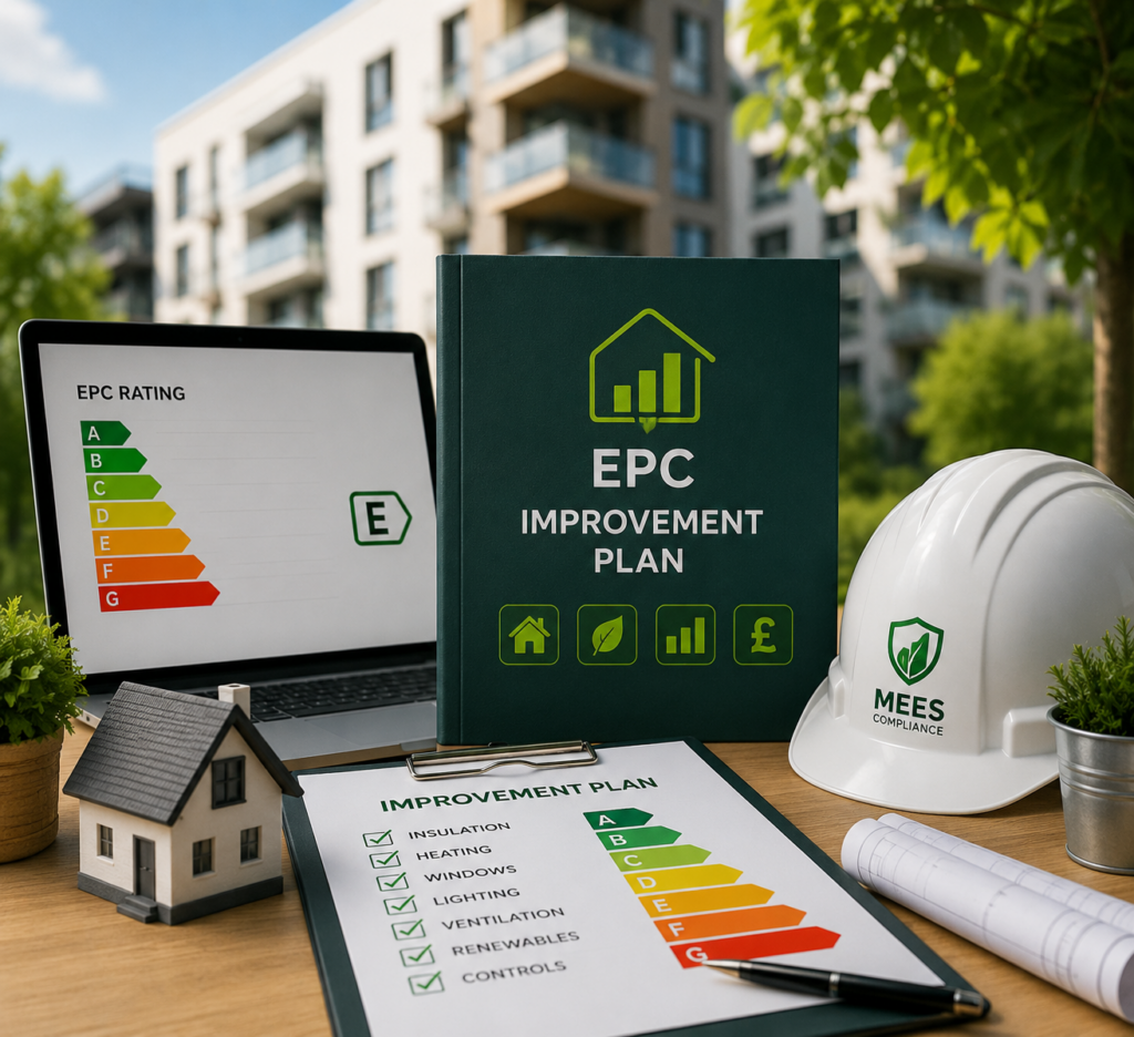 EPC improvement plan showing energy rating, upgrade checklist and MEES compliance planning for a UK property