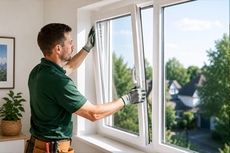 Worker installing energy efficient windows as part of an EPC improvement plan.