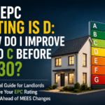 My EPC rating is D guide showing how landlords can improve an EPC D to C before 2030 with a house and EPC rating scale.