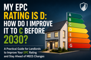 My EPC rating is D guide showing how landlords can improve an EPC D to C before 2030 with a house and EPC rating scale.