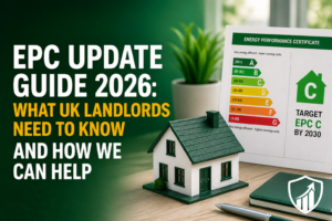 EPC Update Guide 2026 for UK landlords with EPC rating chart, house model and MEES compliance theme.