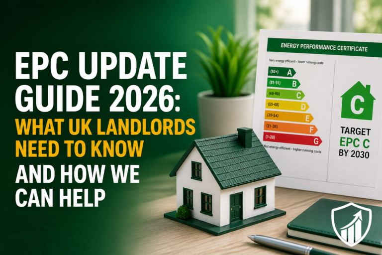 EPC Update Guide 2026 for UK landlords with EPC rating chart, house model and MEES compliance theme.
