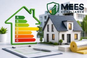 Modern property with EPC energy rating chart showing a landlord-focused guide to improving an EPC rating from D to C.