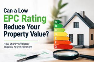 Can a low EPC rating reduce your property value? House model beside EPC A to G energy rating scale showing MEES risk for UK landlords.