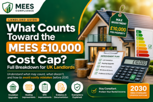 MEES £10,000 cost cap guide for UK landlords showing EPC improvement planning, insulation, heating upgrades and compliance evidence.