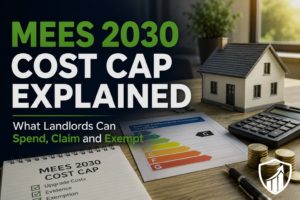 MEES 2030 cost cap explained for UK landlords with EPC rating document, model house, calculator and coins