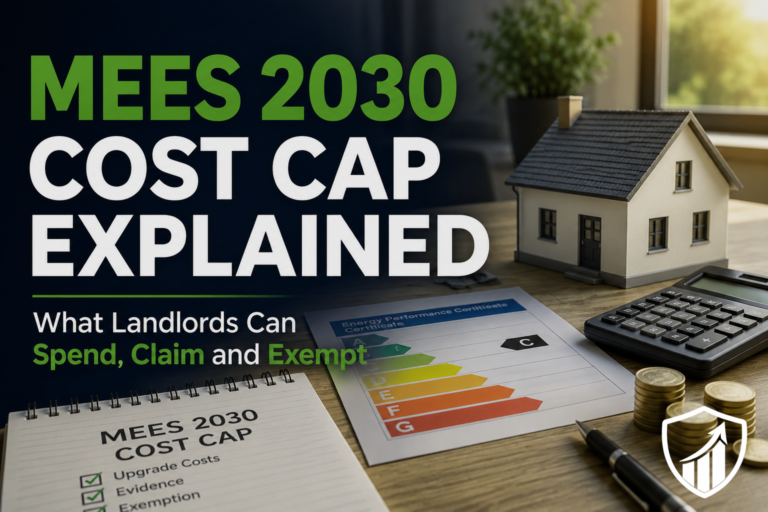 MEES 2030 cost cap explained for UK landlords with EPC rating document, model house, calculator and coins