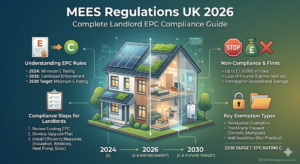 MEES Regulations UK 2026 landlord EPC compliance guide showing EPC rules, fines, exemptions and 2030 rating target