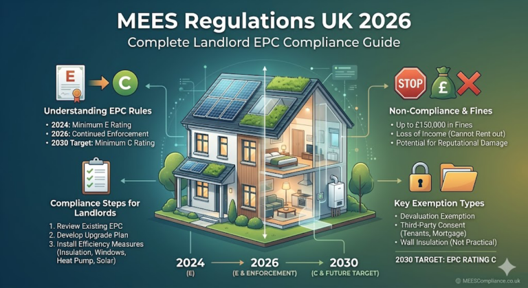 MEES Regulations UK 2026 landlord EPC compliance guide showing EPC rules, fines, exemptions and 2030 rating target