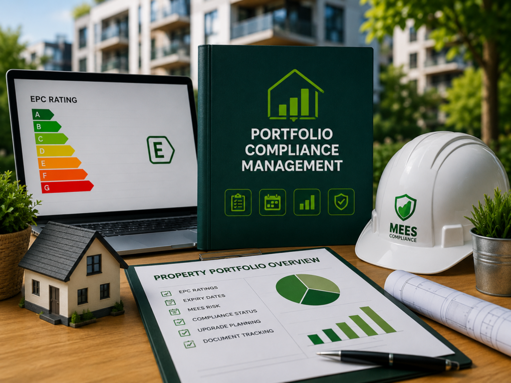Portfolio compliance management desk scene with EPC rating chart, property portfolio overview, MEES compliance hard hat and property documents