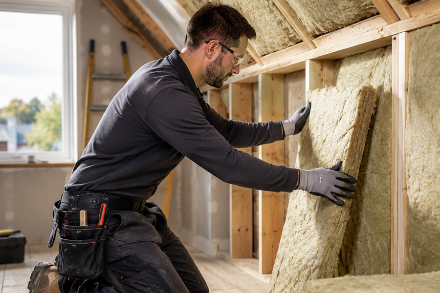 Worker installing insulation as part of an EPC improvement plan.