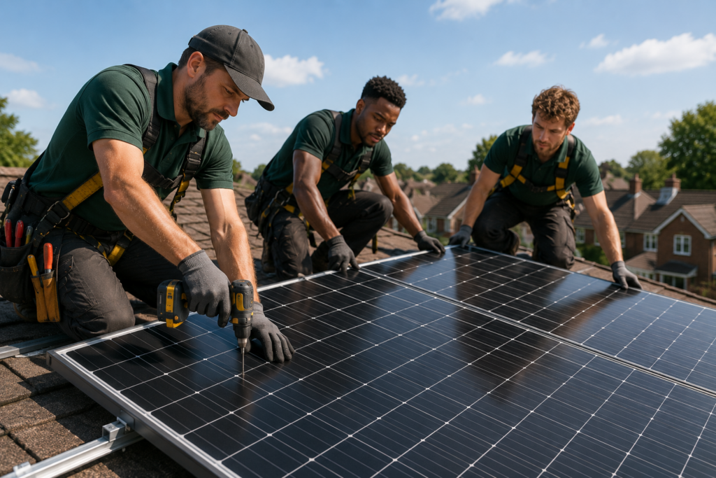 Solar panel installers fitting panels on a UK residential roof for EPC improvement.