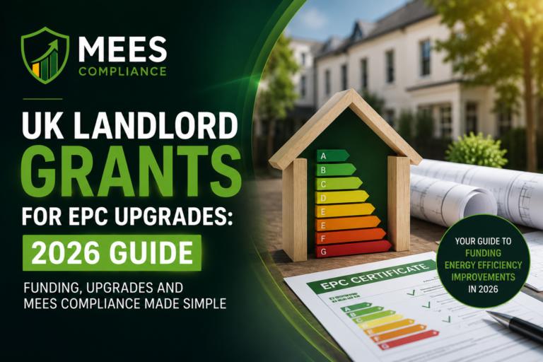 UK landlord grants for EPC upgrades 2026 guide by MEES Compliance, showing an EPC rating chart, property model and energy efficiency documents.