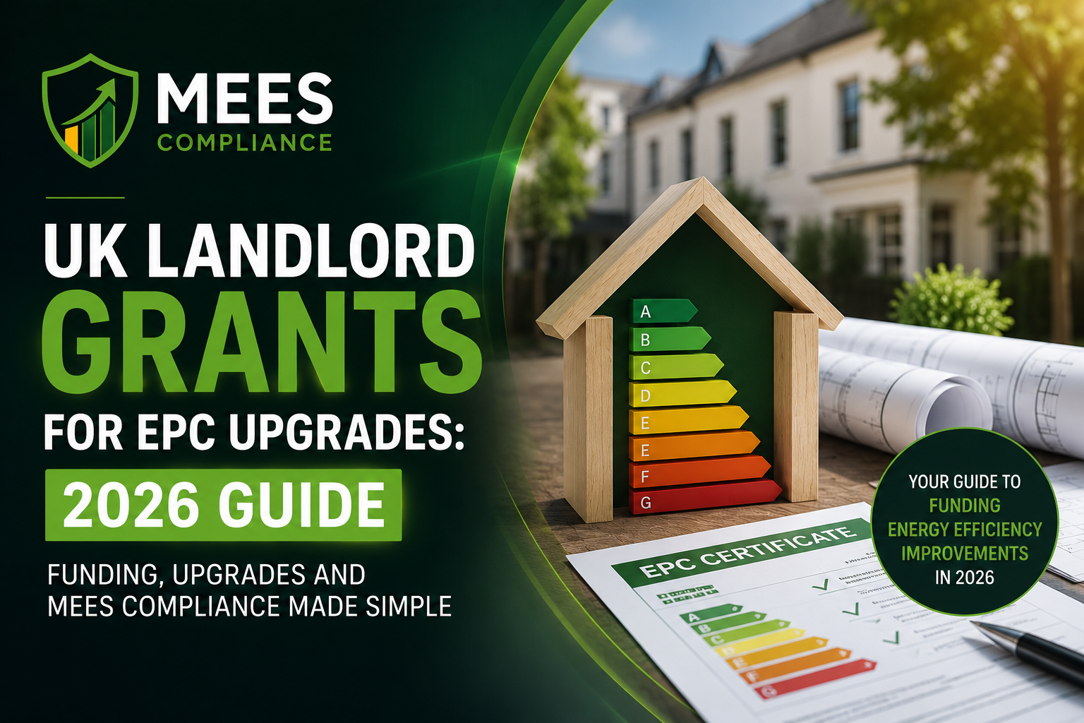 UK landlord grants for EPC upgrades 2026 guide by MEES Compliance, showing an EPC rating chart, property model and energy efficiency documents.