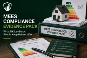 MEES compliance evidence pack for UK landlords showing EPC certificate, property documents and energy rating records before 2030