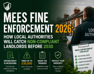 MEES fine enforcement 2026 guide showing local authority EPC checks, non-compliant landlords, and potential £30,000 penalties before 2030.