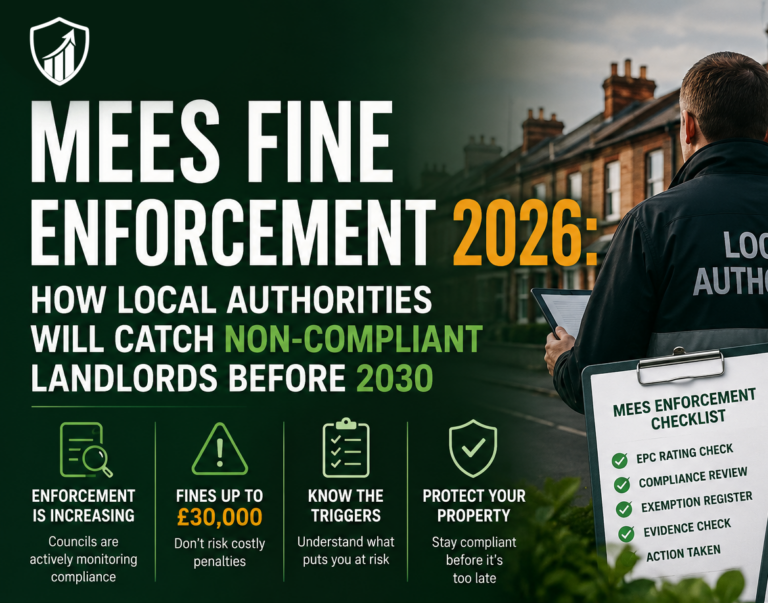 MEES fine enforcement 2026 guide showing local authority EPC checks, non-compliant landlords, and potential £30,000 penalties before 2030.