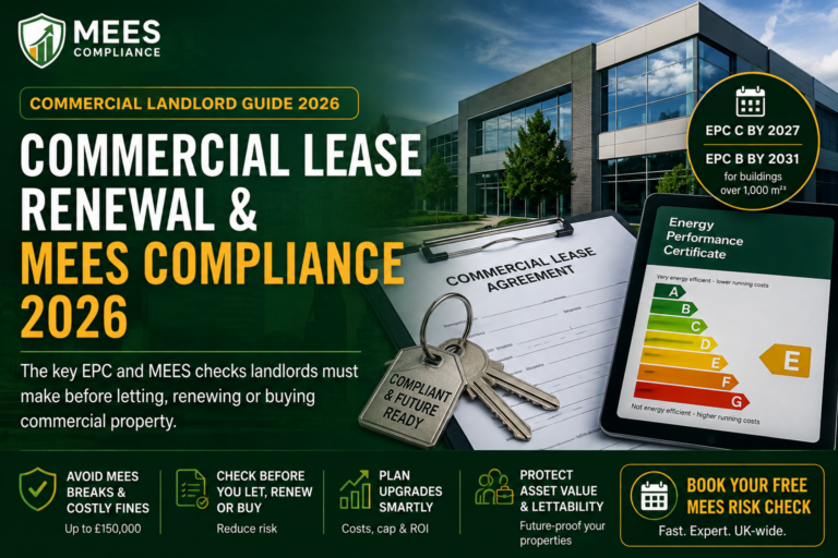 Commercial lease renewal and MEES compliance 2026 guide showing commercial property, EPC rating and lease agreement for UK landlords