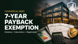 Commercial MEES 7-year payback exemption showing an office building, three contractor quotations, EPC assessment, cost calculator and compliance evidence.