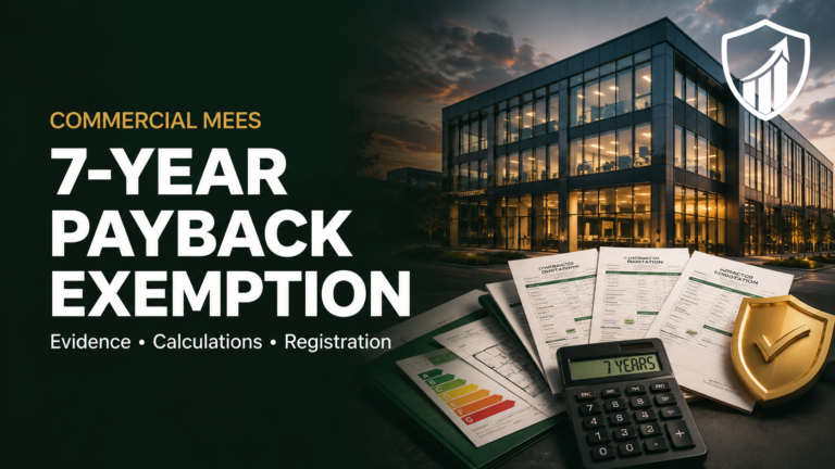 Commercial MEES 7-year payback exemption showing an office building, three contractor quotations, EPC assessment, cost calculator and compliance evidence.